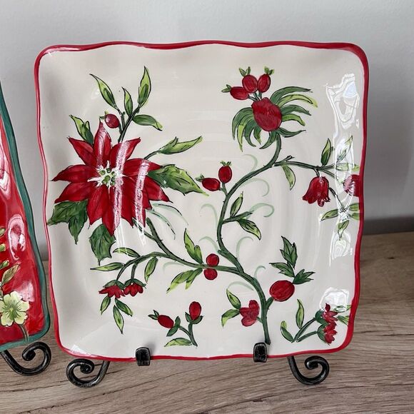 Red Poinsettia Floral Platters/Trays/Plates 8.75" Square Christmas & Stands - Picture 2 of 5